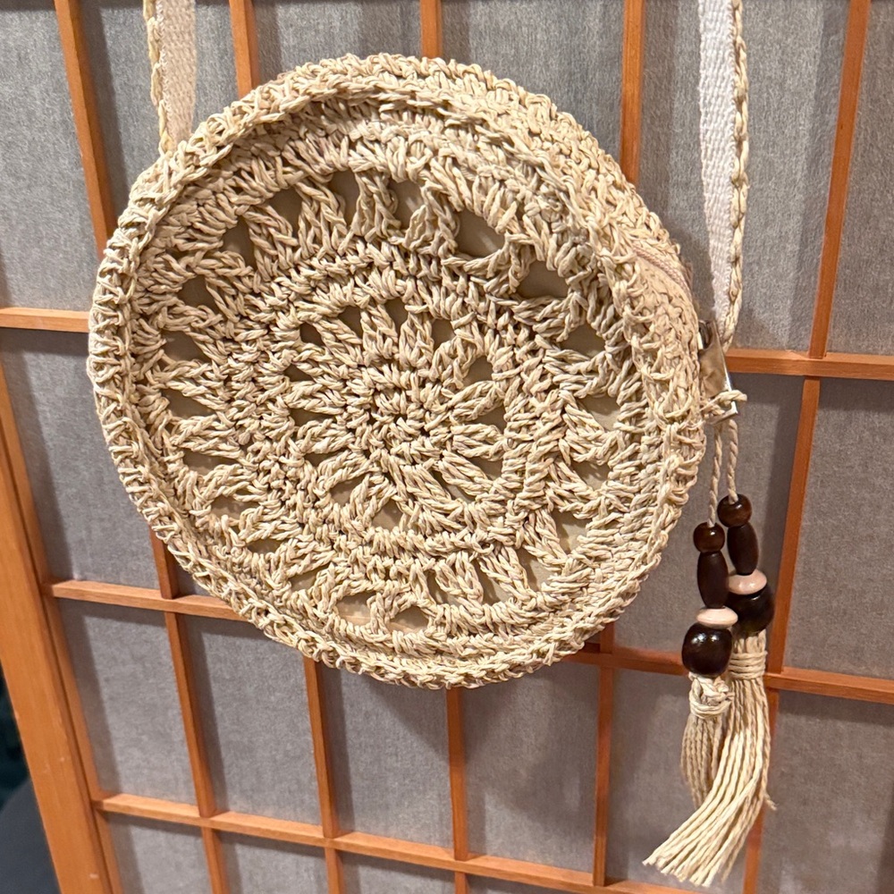 Handcrafted Beige Crochet Round Bag - Picture 2 of 3